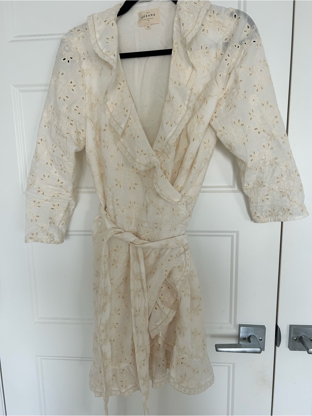 Sezane Cream Eyelet Wrap Mini Dress
